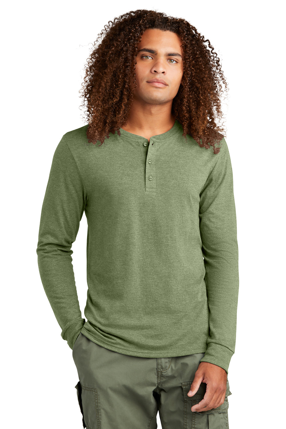 District DT145 Mens Perfect Tri Long Sleeve Henley T-Shirt Military Green Frost Model Front