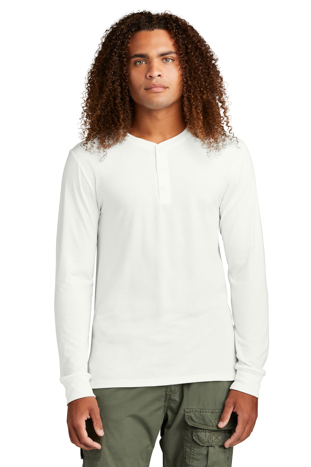 District DT145 Mens Perfect Tri Long Sleeve Henley T-Shirt Natural Model Front