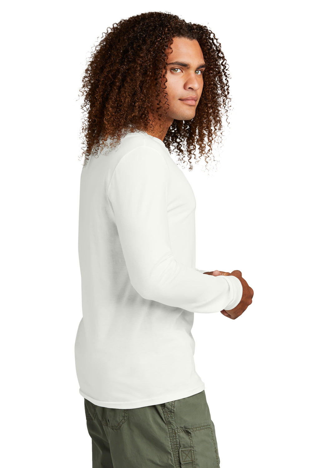 District DT145 Mens Perfect Tri Long Sleeve Henley T-Shirt Natural Model Side