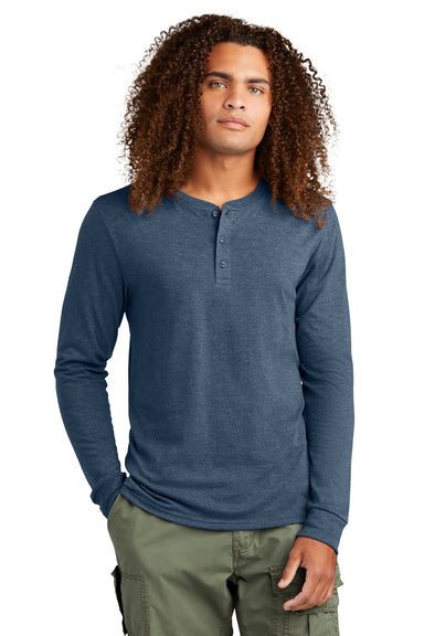 District DT145 Mens Perfect Tri Long Sleeve Henley T-Shirt Navy Blue Frost Model Front