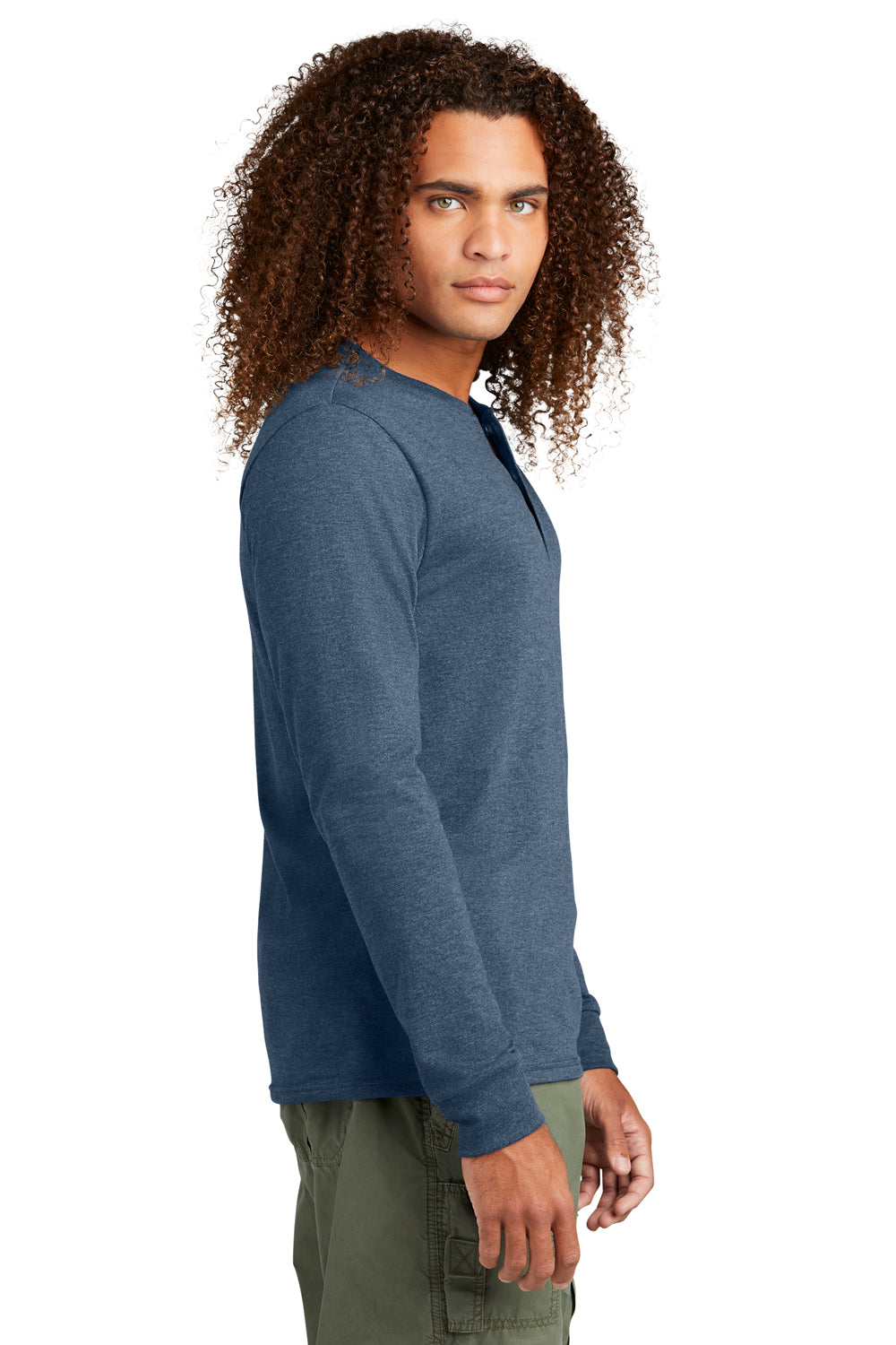 District DT145 Mens Perfect Tri Long Sleeve Henley T-Shirt Navy Blue Frost Model Side