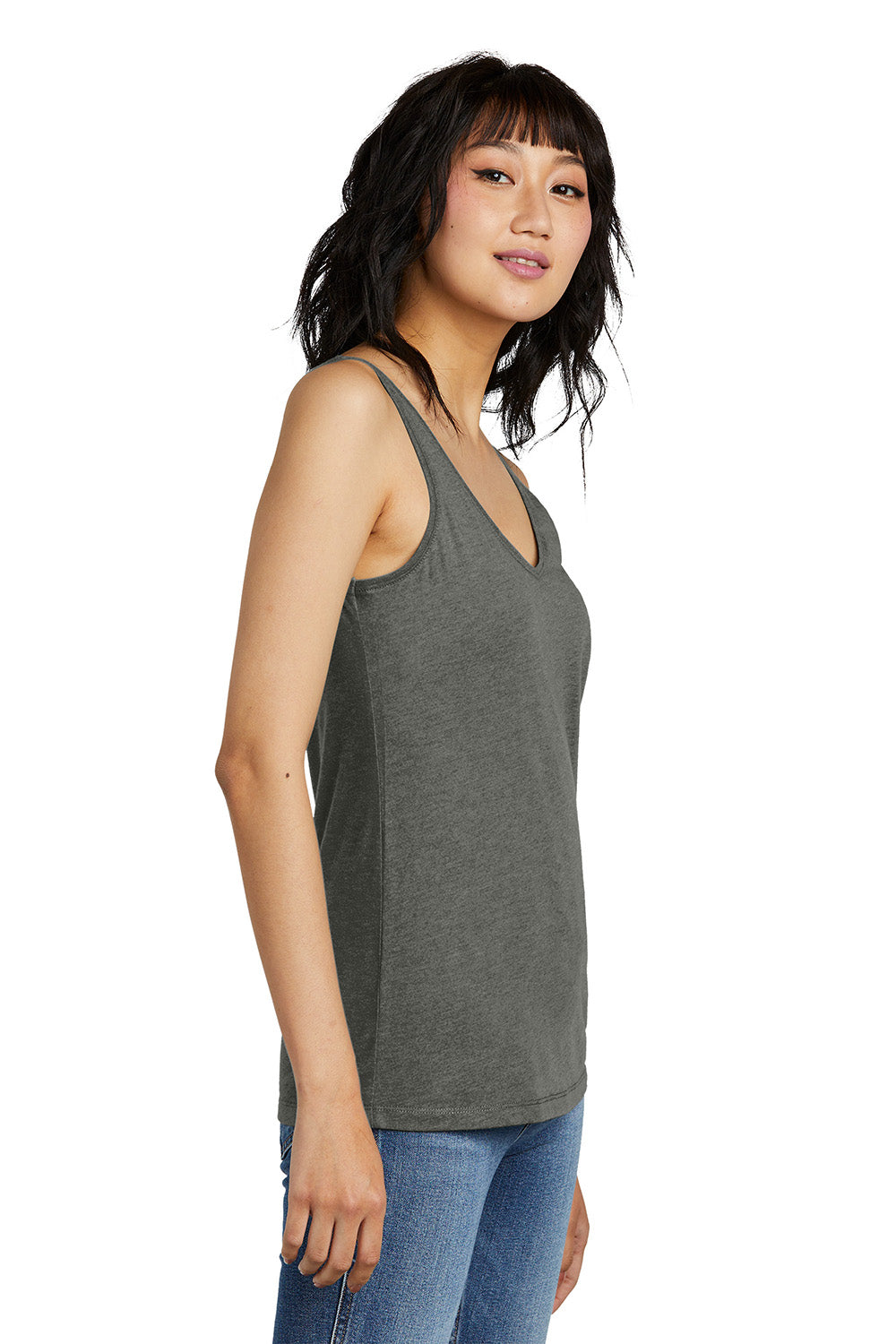 District DT154 Womens Perfect Blend CVC V-Neck Tank Top Heather Charcoal Grey Model Side