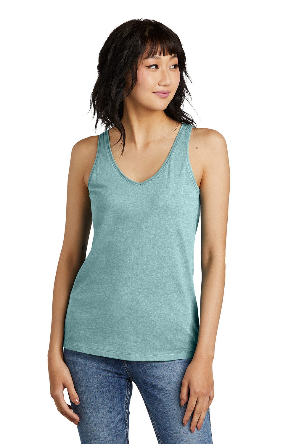 District DT154 Womens Perfect Blend CVC V-Neck Tank Top Heather Eucalyptus Blue Model Front