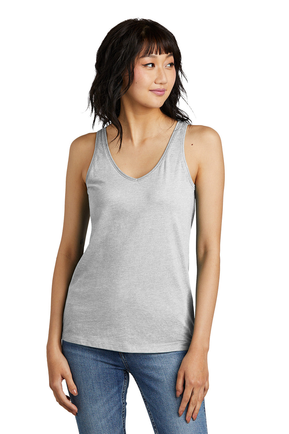 District DT154 Womens Perfect Blend CVC V-Neck Tank Top Heather Light Grey Model Front