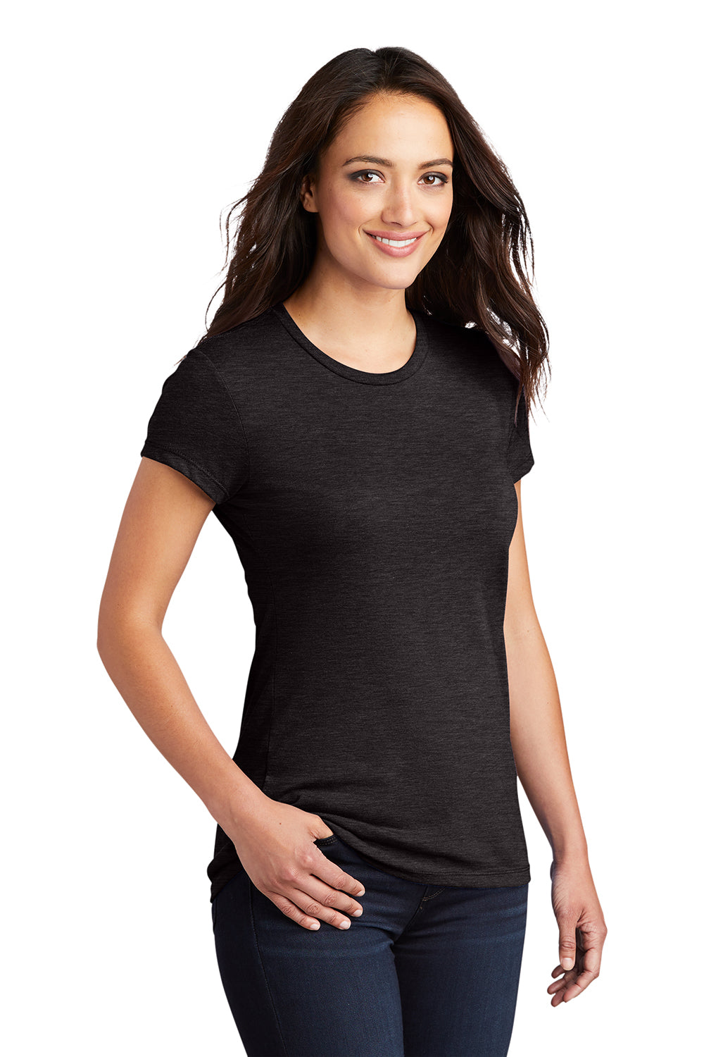 District DT155 Womens Fitted Perfect Tri Short Sleeve Crewneck T-Shirt Black Frost Model 3q