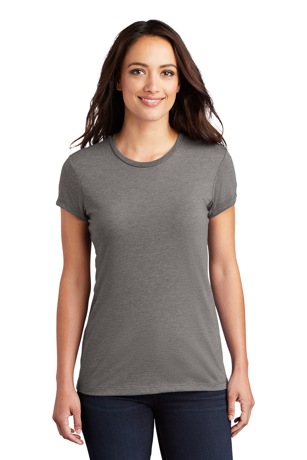 District DT155 Womens Fitted Perfect Tri Short Sleeve Crewneck T-Shirt Grey Frost Model Front