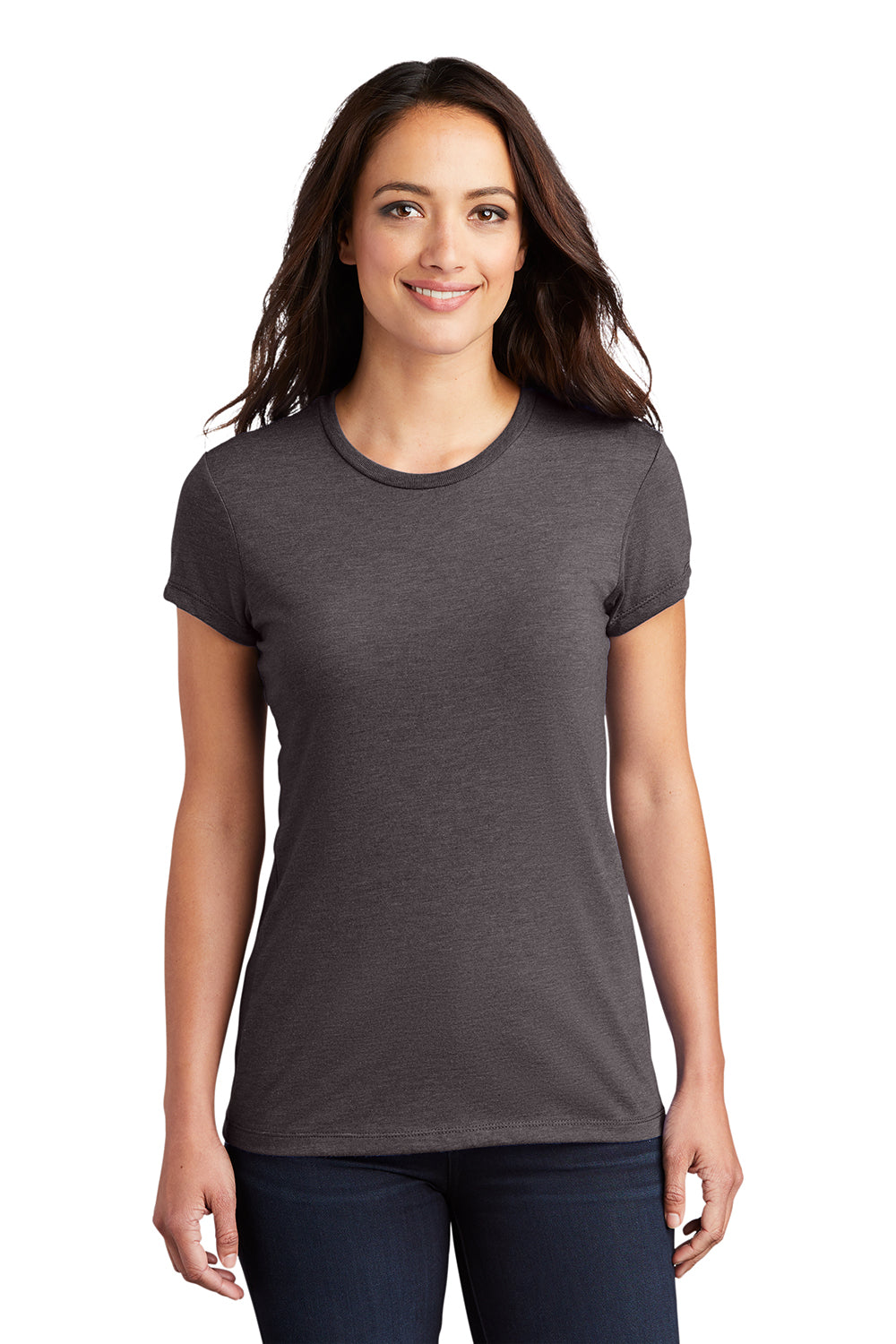 District DT155 Womens Fitted Perfect Tri Short Sleeve Crewneck T-Shirt Heather Charcoal Grey Model Front