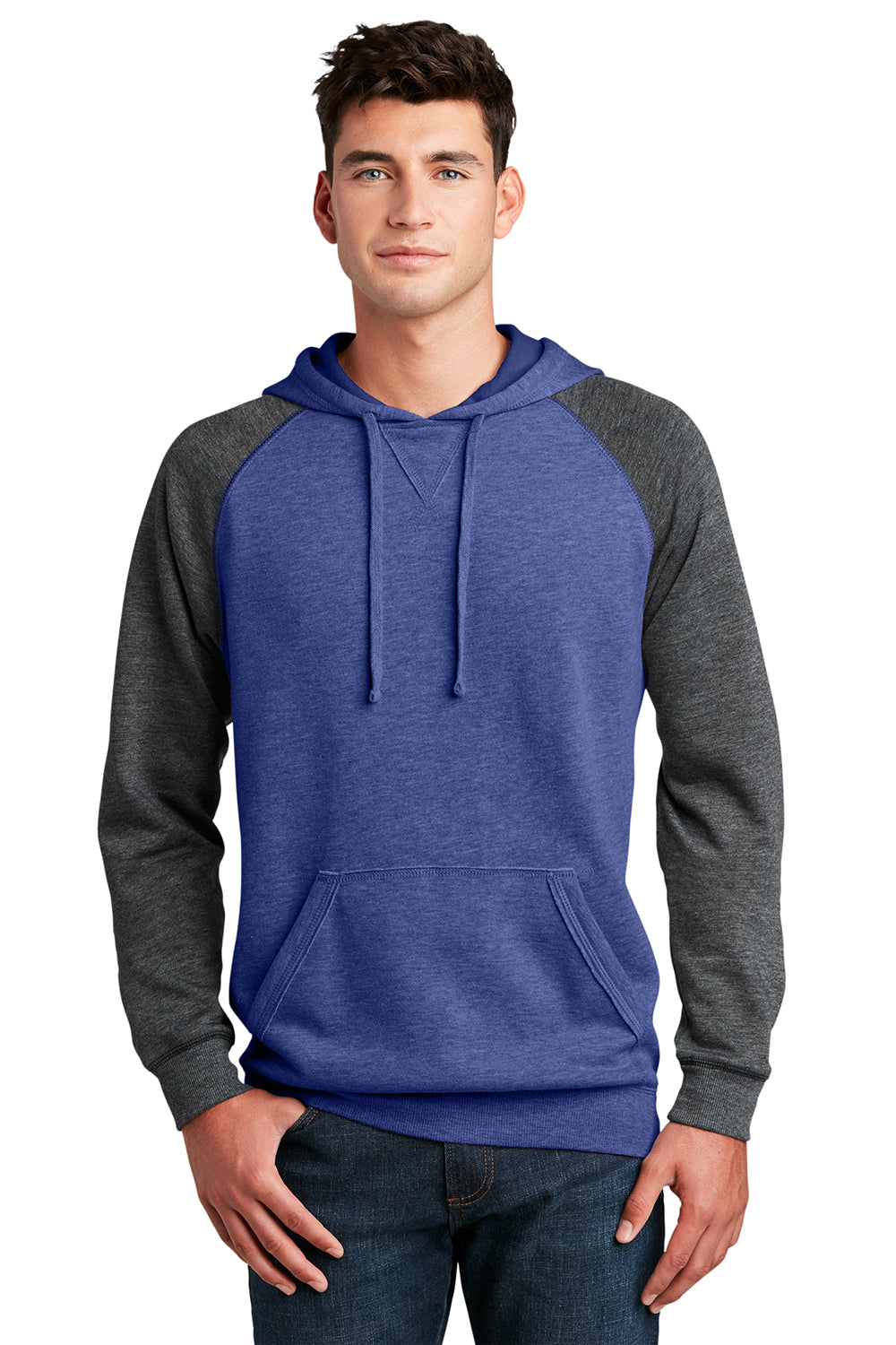 District DT196 Mens Fleece Hooded Sweatshirt Hoodie Heather Deep Royal Blue/Grey Model Front