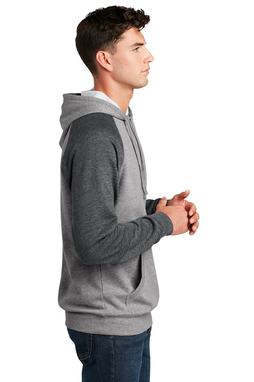 District DT196 Mens Fleece Hooded Sweatshirt Hoodie Heather Grey/Grey Model Side