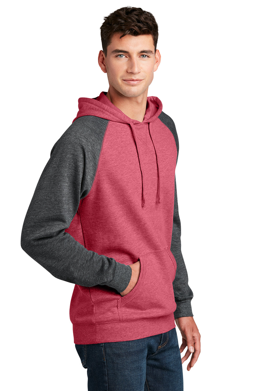 District DT196 Mens Fleece Hooded Sweatshirt Hoodie Heather Red/Grey Model 3q