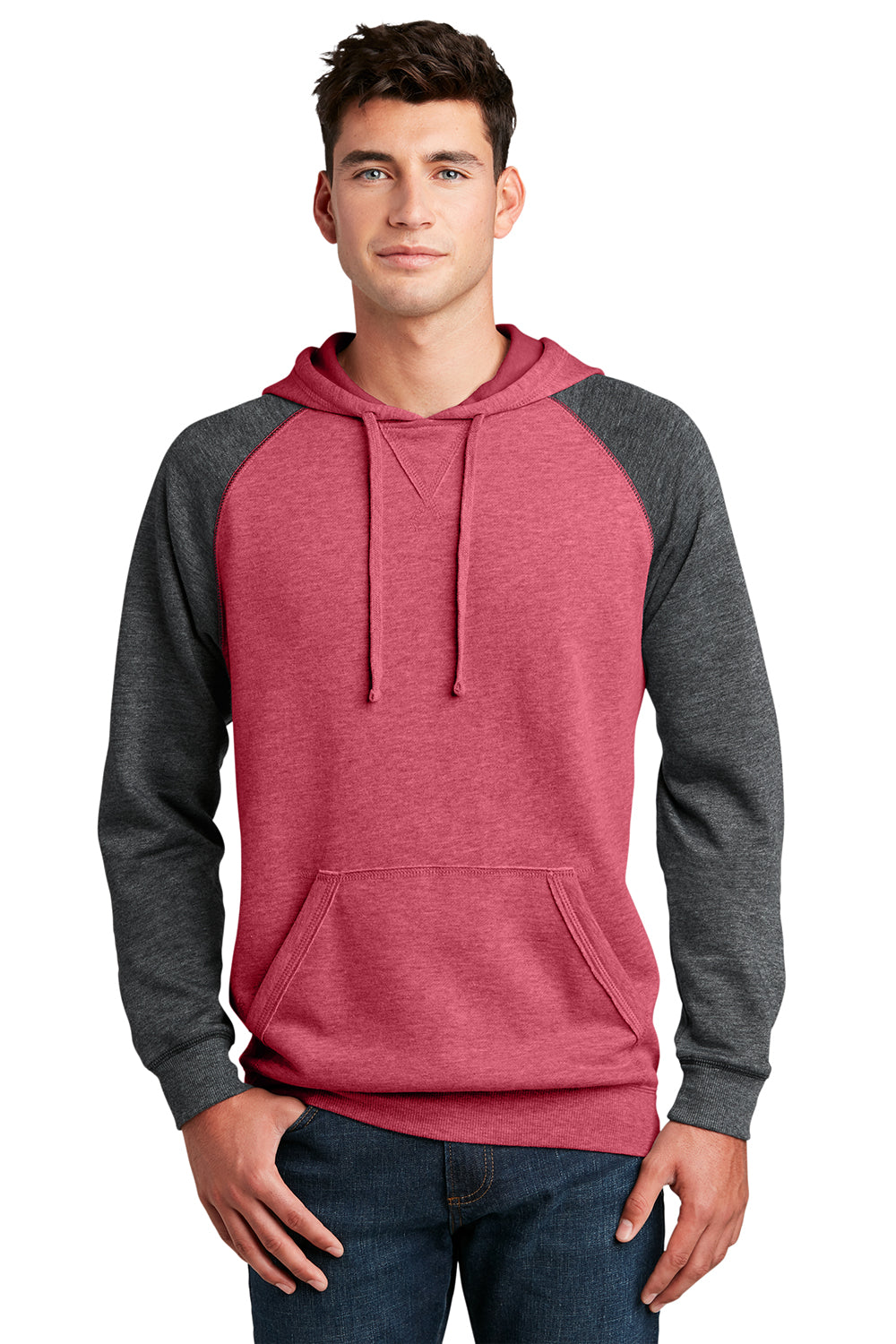 District DT196 Mens Fleece Hooded Sweatshirt Hoodie Heather Red/Grey Model Front