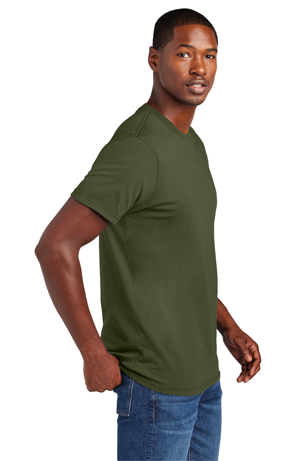 District DT2101 Mens District Wash Short Sleeve Crewnect T-Shirt Olive Drab Green Model Side