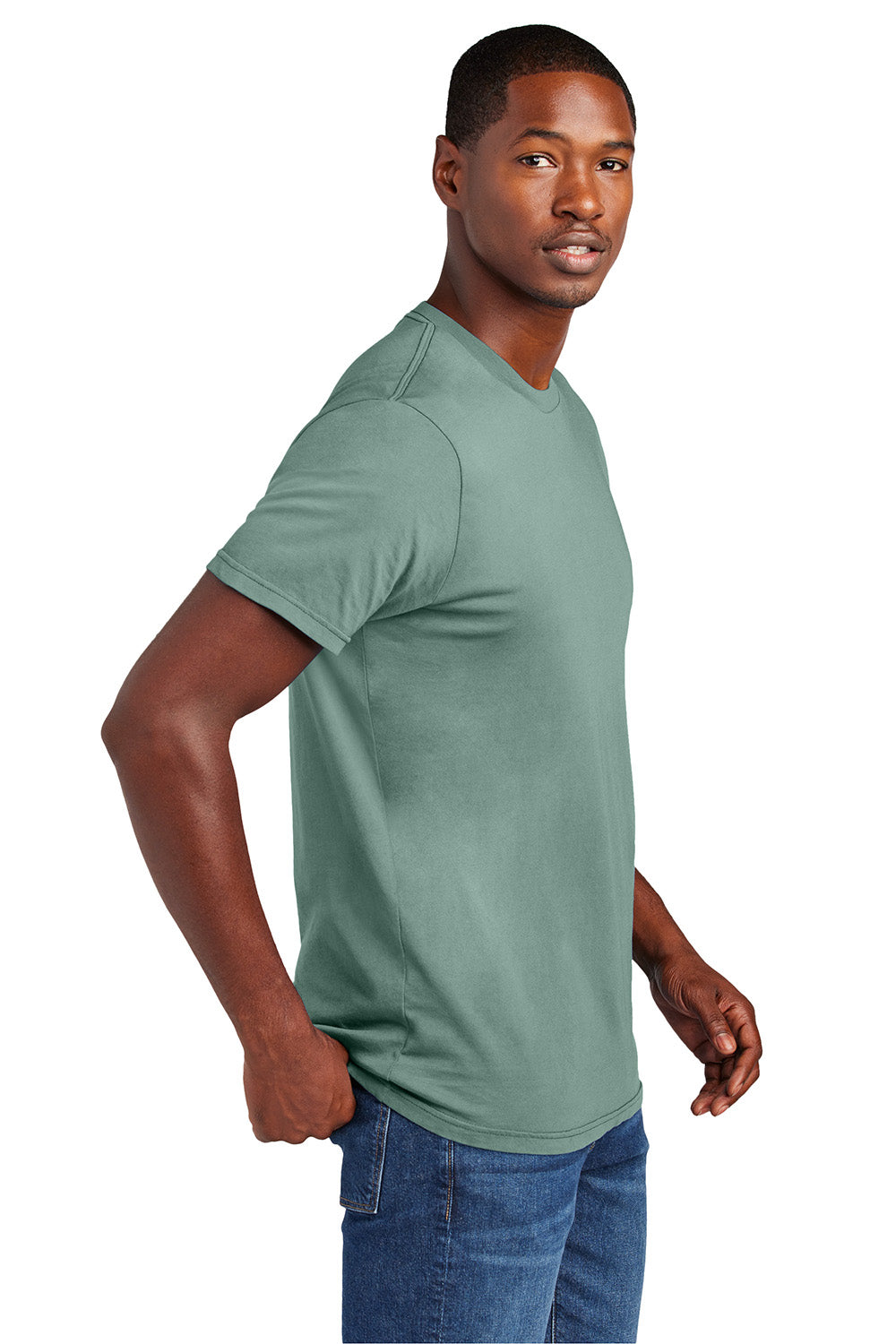 District DT2101 Mens District Wash Short Sleeve Crewnect T-Shirt Sage Green Model Side