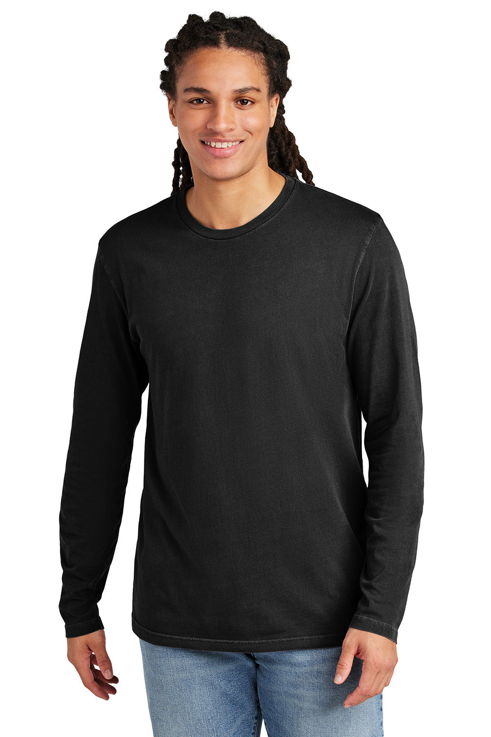 District DT2103 Mens District Wash Long Sleeve Crewneck T-Shirt Black Model Front