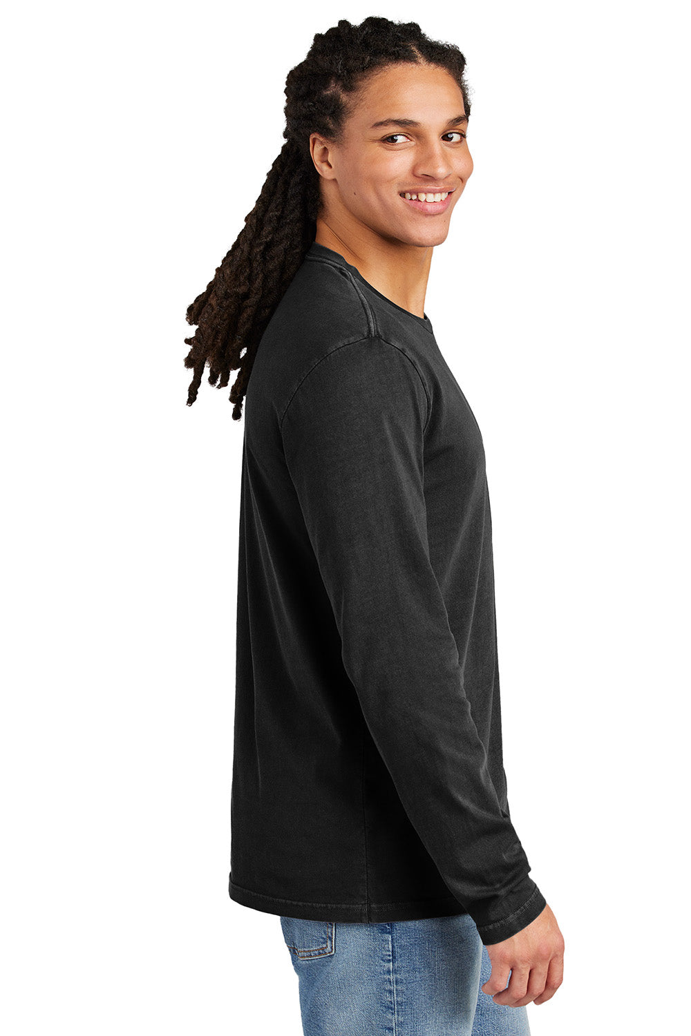 District DT2103 Mens District Wash Long Sleeve Crewneck T-Shirt Black Model Side