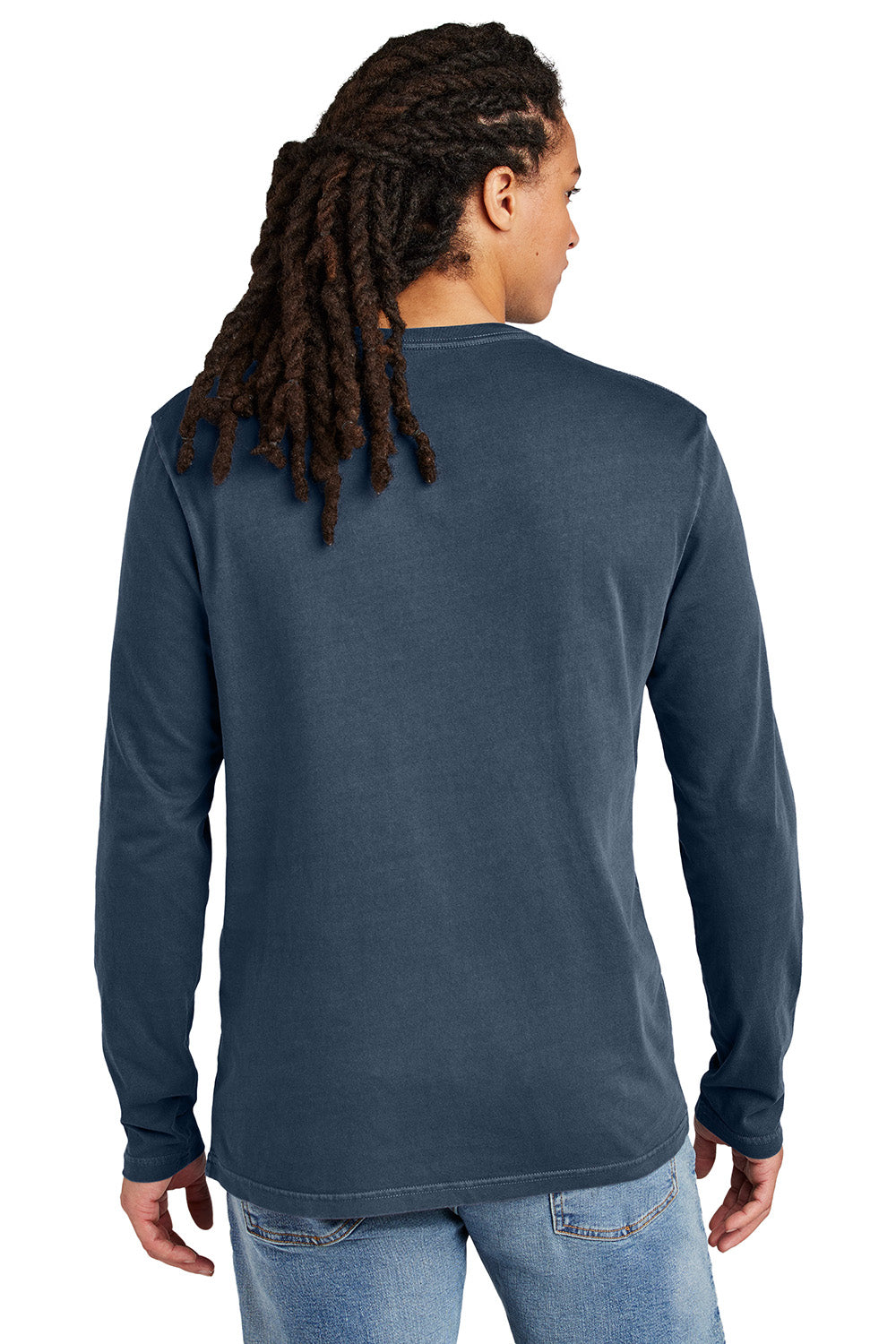 District DT2103 Mens District Wash Long Sleeve Crewneck T-Shirt True Navy Blue Model Back