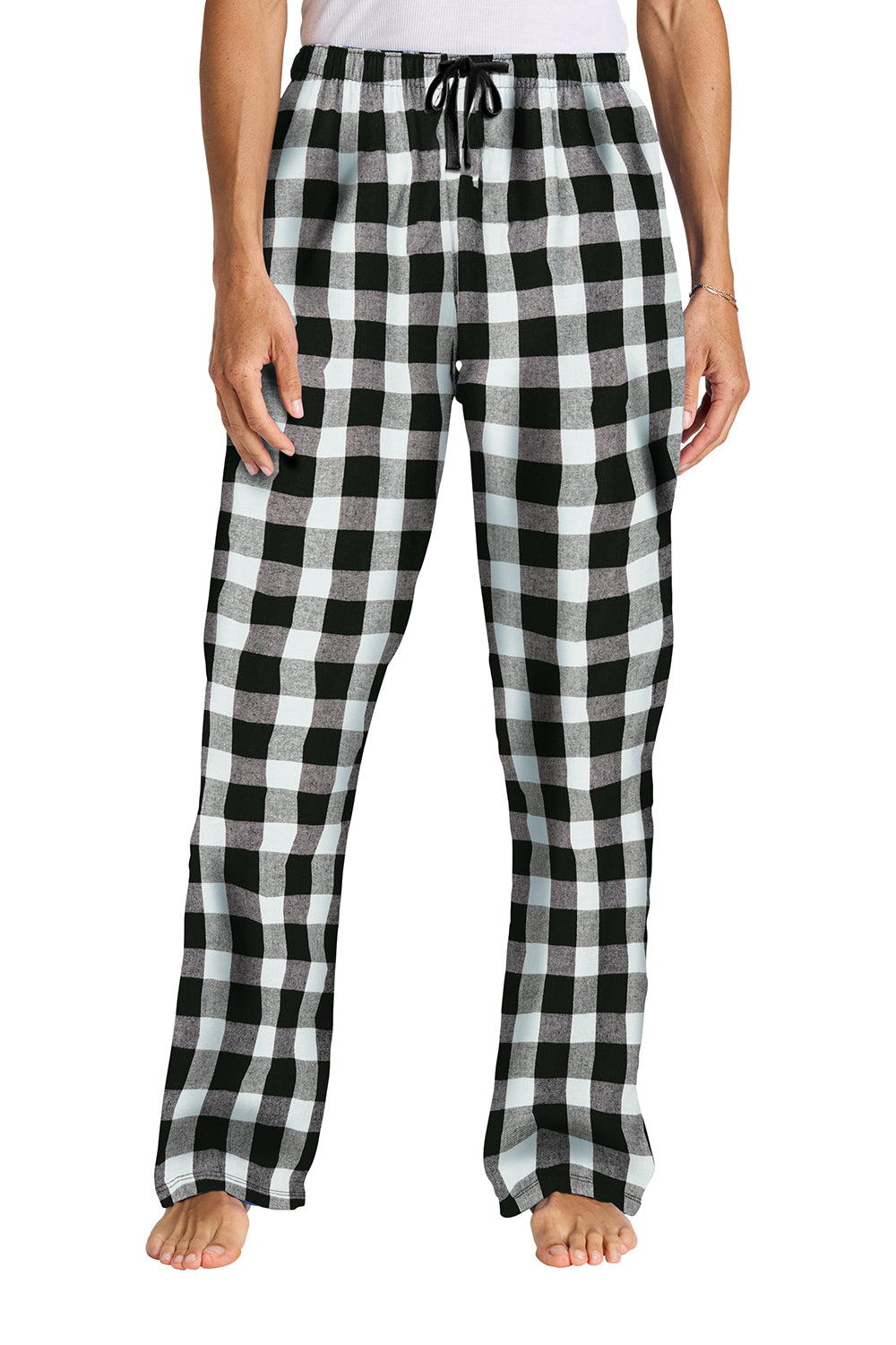 District DT2800 Womens Flannel Plaid Lounge Pants Black/White Buffalo Check Model Front