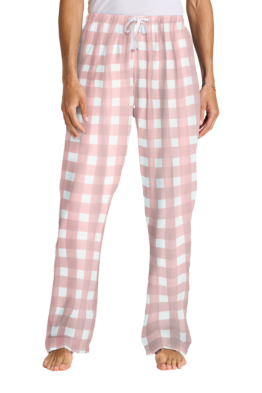 District DT2800 Womens Flannel Plaid Lounge Pants Light Pink/White Buffalo Check Model Front