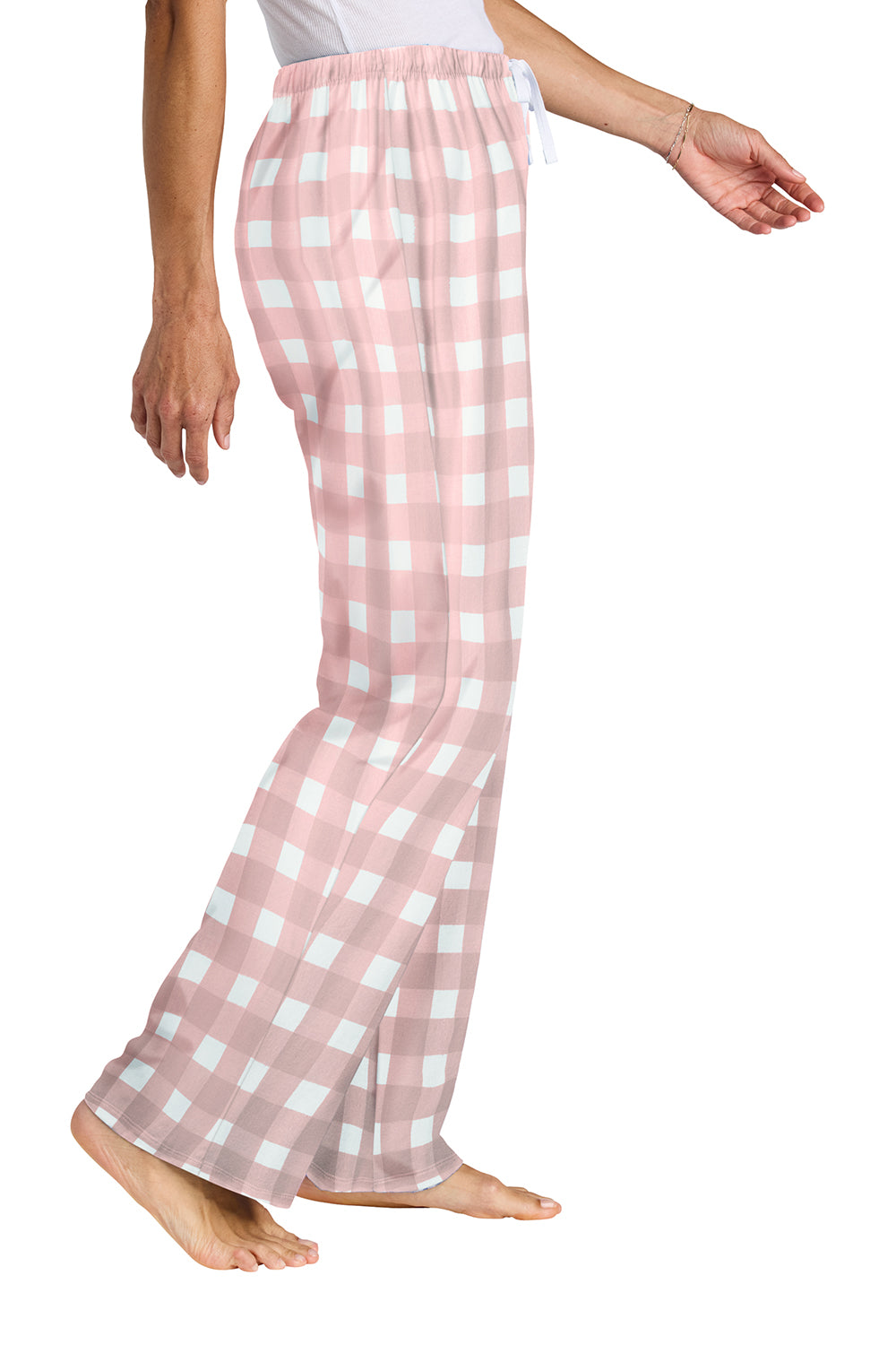 District DT2800 Womens Flannel Plaid Lounge Pants Light Pink/White Buffalo Check Model Side