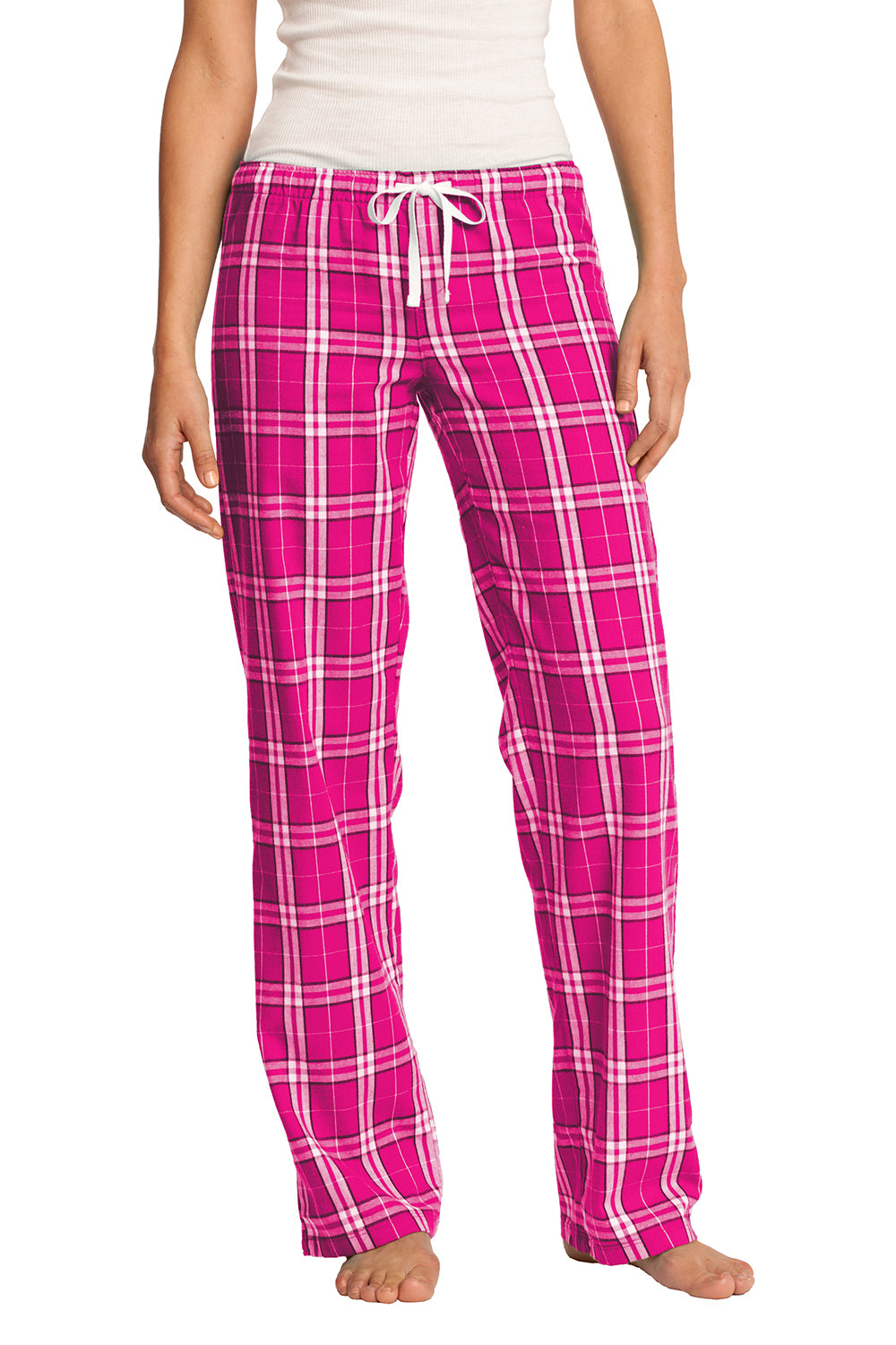 District DT2800 Womens Flannel Plaid Lounge Pants Dark Fuchsia Pink Model Front