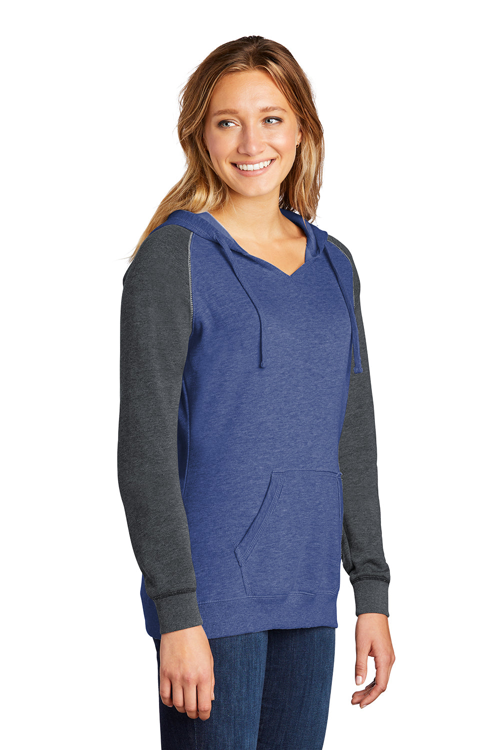 District DT296 Womens Fleece Hooded Sweatshirt Hoodie Heather Royal Blue/Charcoal Grey Model 3q