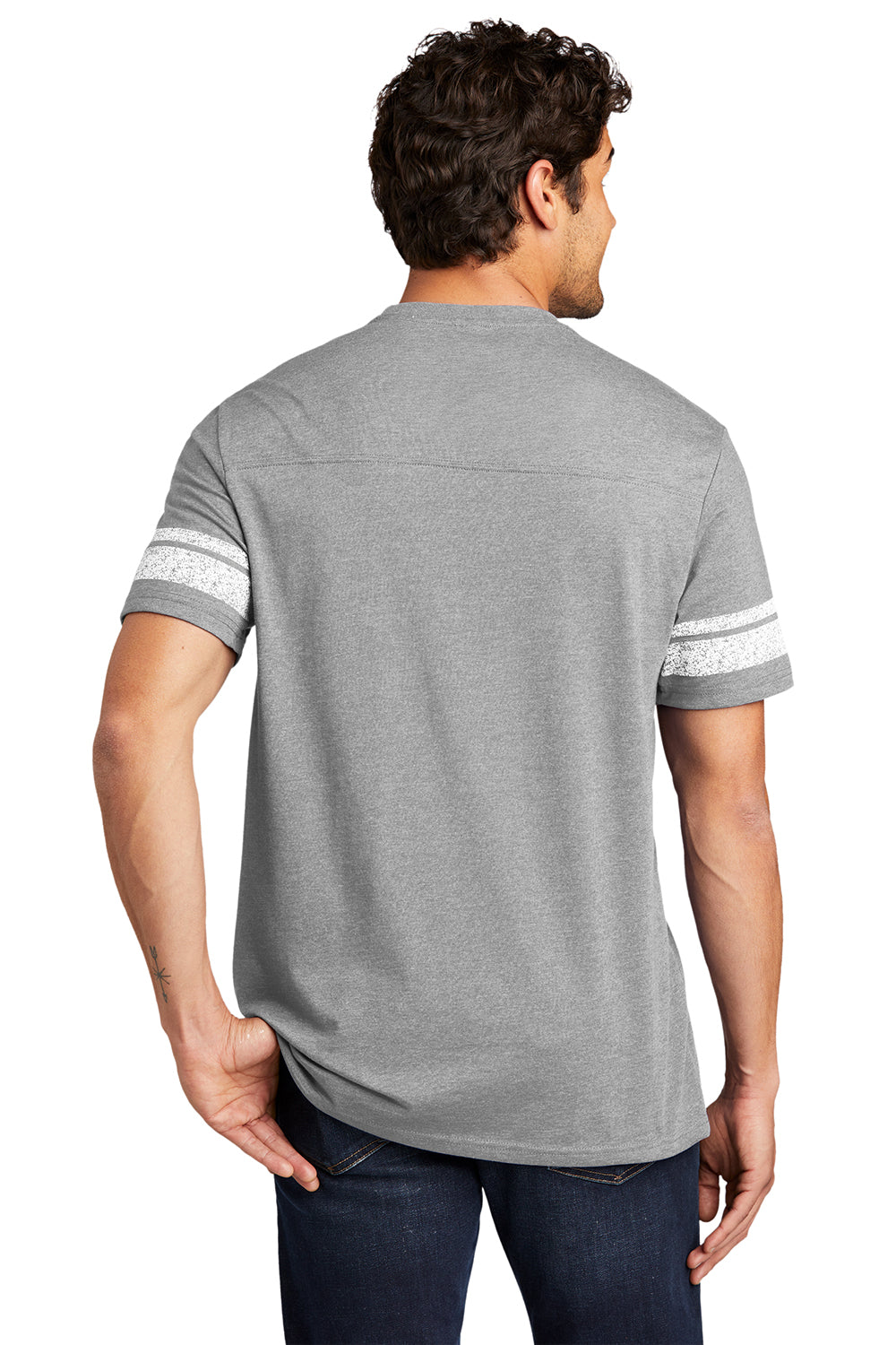 District DT376 Mens Game Short Sleeve Crewneck T-Shirt Heather Nickel Grey/White Model Back