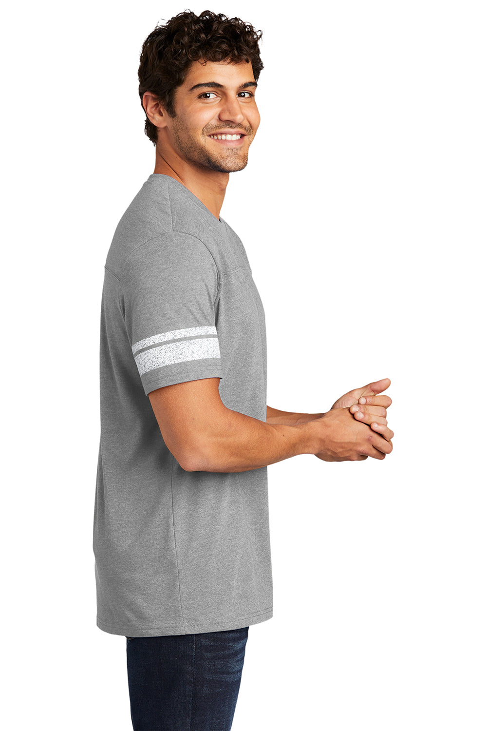 District DT376 Mens Game Short Sleeve Crewneck T-Shirt Heather Nickel Grey/White Model Side