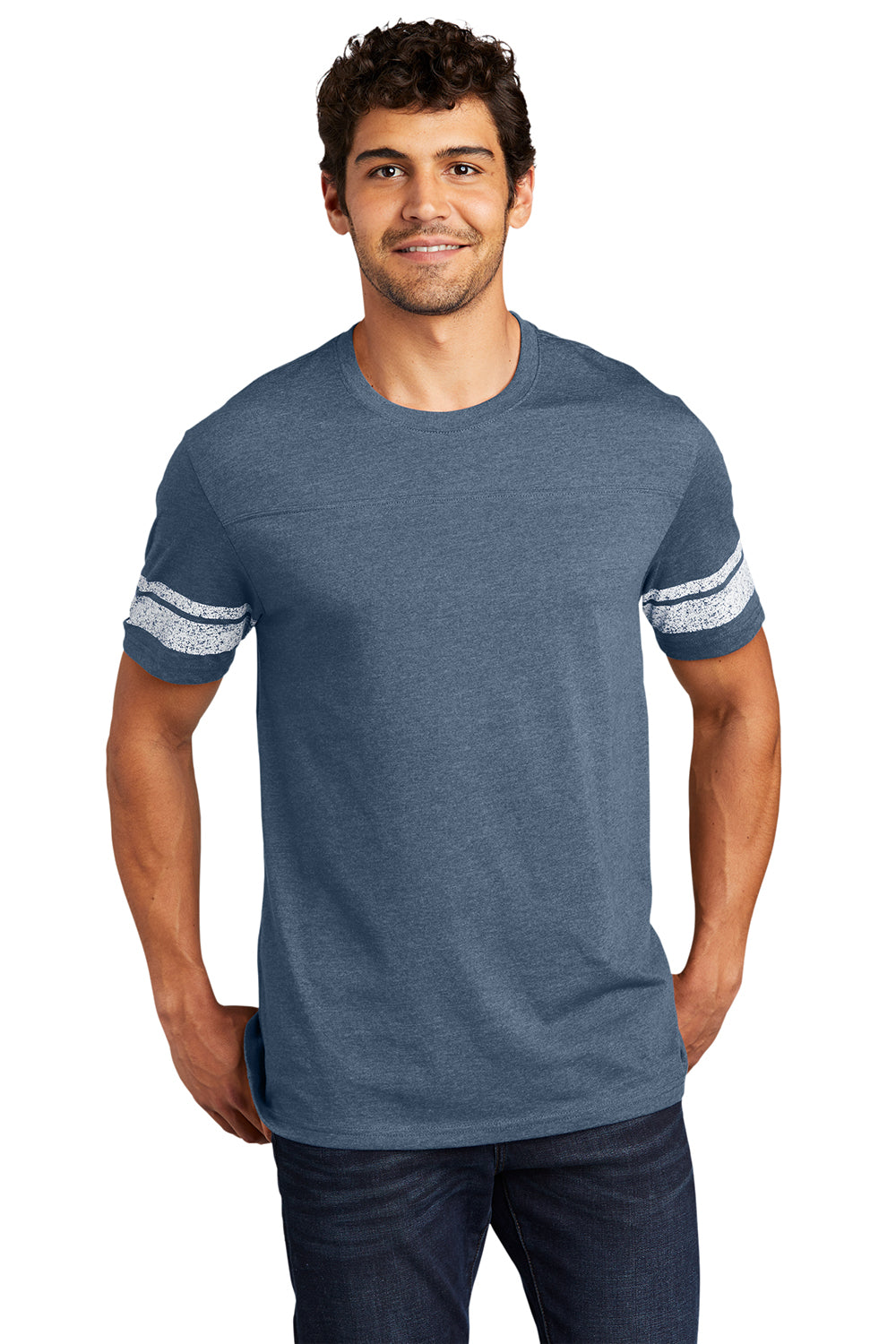 District DT376 Mens Game Short Sleeve Crewneck T-Shirt Heather New Navy Blue/White Model Front