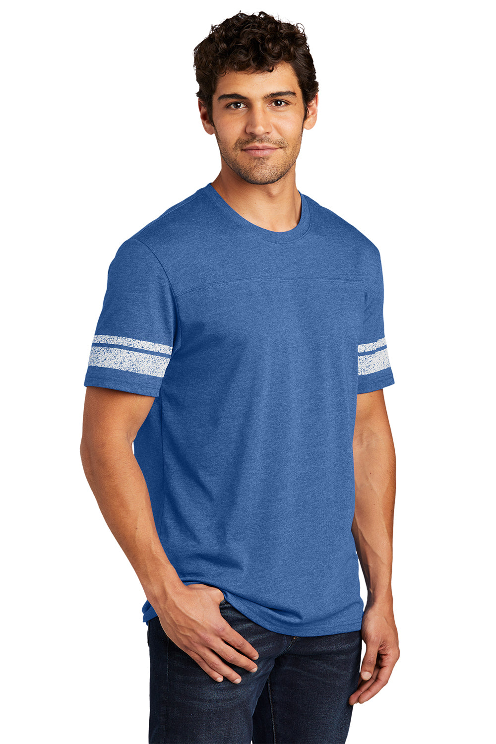 District DT376 Mens Game Short Sleeve Crewneck T-Shirt Heather True Royal Blue/White Model 3q