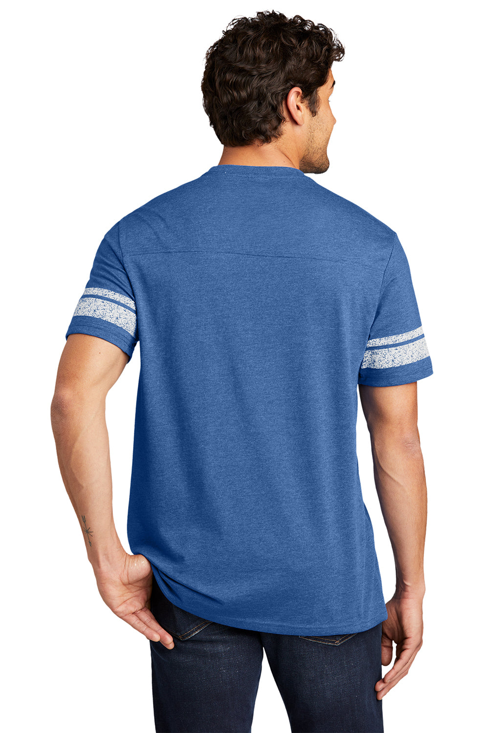 District DT376 Mens Game Short Sleeve Crewneck T-Shirt Heather True Royal Blue/White Model Back