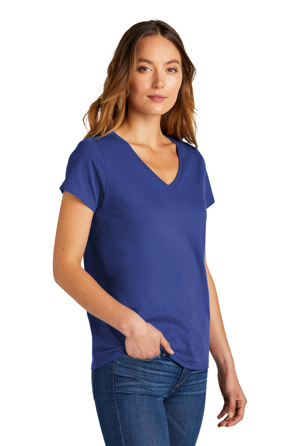 District DT5002 Womens The Concert Short Sleeve V-Neck T-Shirt Deep Royal Blue Model 3q