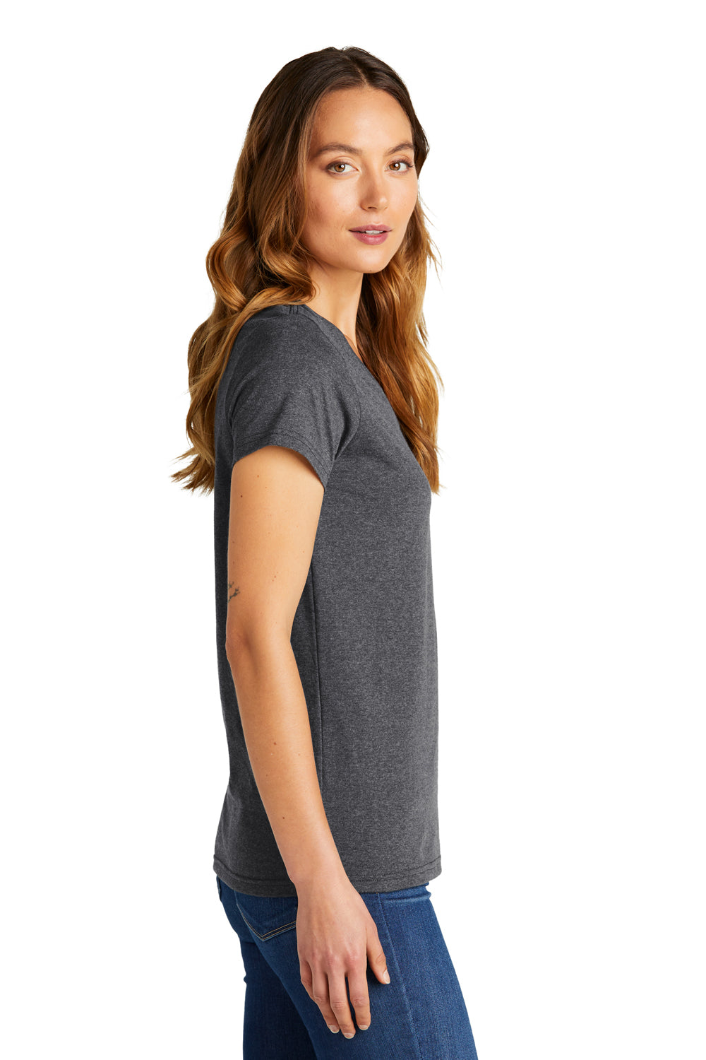 District DT5002 Womens The Concert Short Sleeve V-Neck T-Shirt Heather Charcoal Grey Model Side