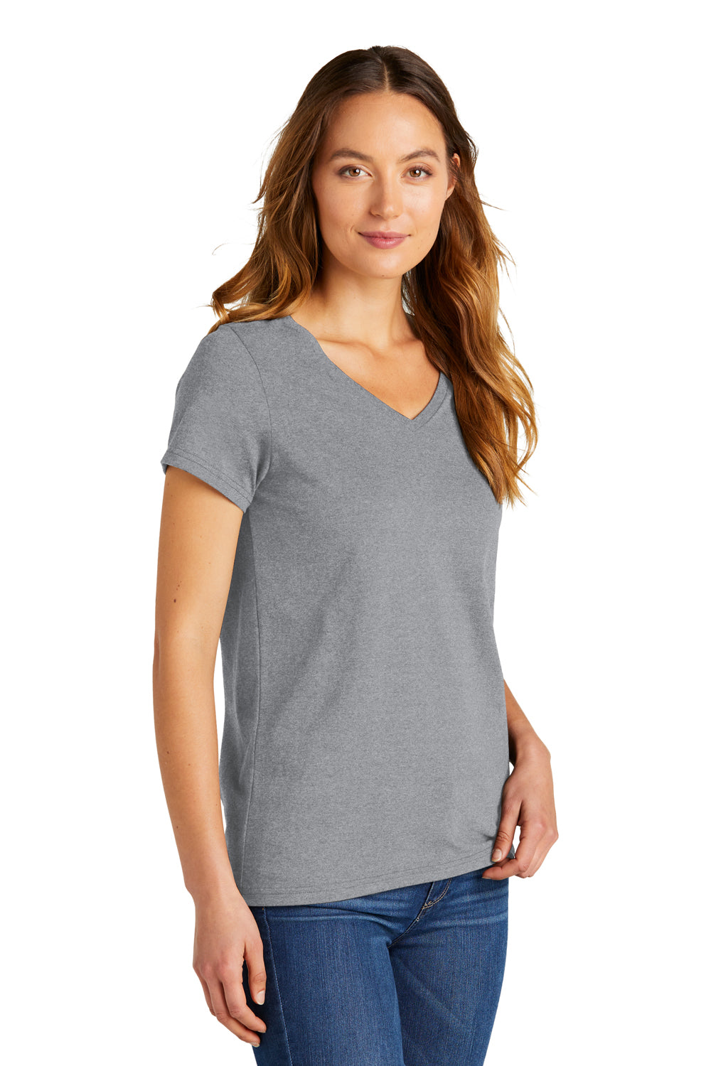 District DT5002 Womens The Concert Short Sleeve V-Neck T-Shirt Heather Grey Model 3q