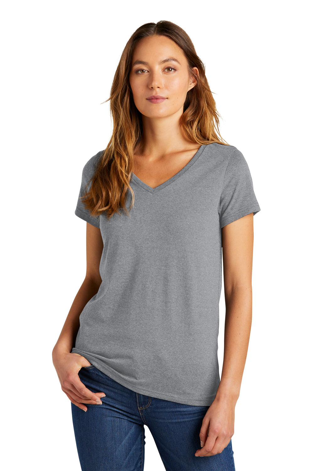 District DT5002 Womens The Concert Short Sleeve V-Neck T-Shirt Heather Grey Model Front