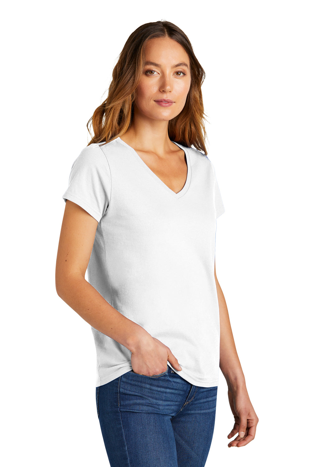 District DT5002 Womens The Concert Short Sleeve V-Neck T-Shirt White Model 3q