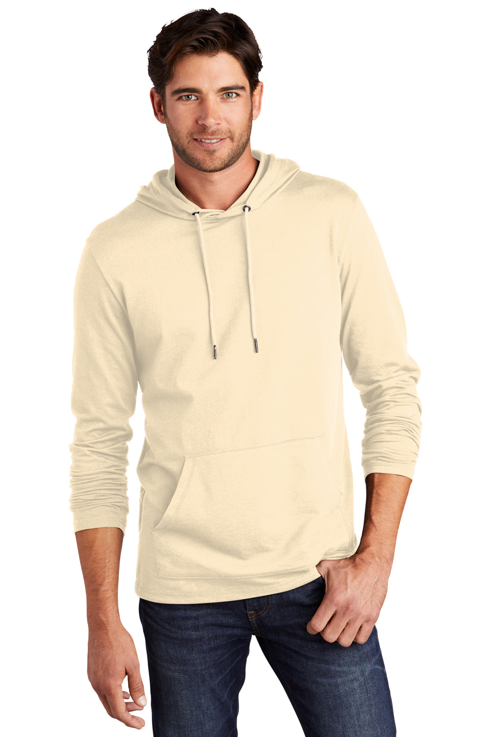 District DT571 Mens French Terry Hooded T-Shirt Hoodie Gardenia Model Front