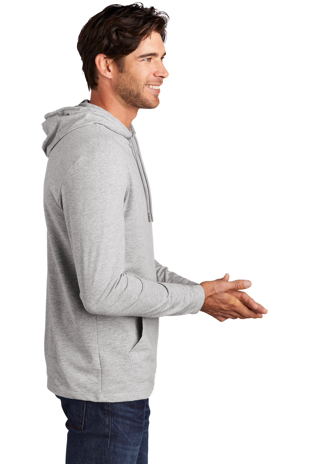 District DT571 Mens French Terry Hooded T-Shirt Hoodie Heather Light Grey Model Side