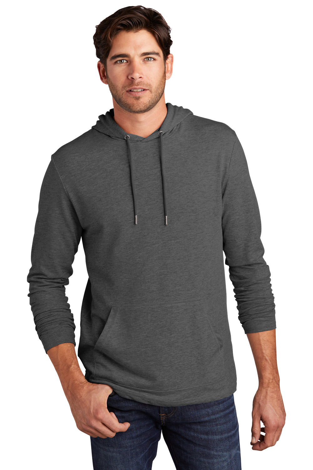 District DT571 Mens French Terry Hooded T-Shirt Hoodie Washed Coal Grey Model Front