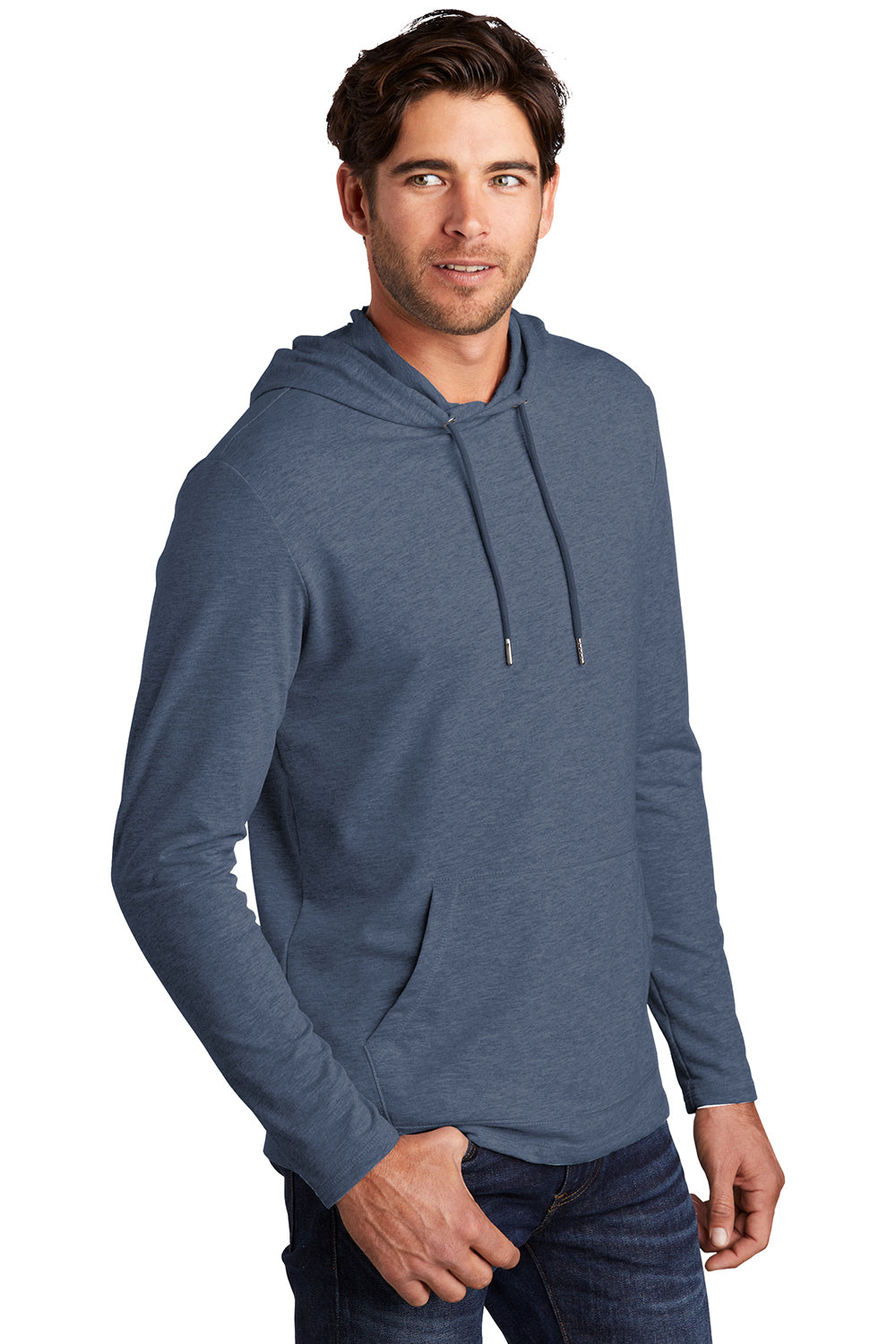 District DT571 Mens French Terry Hooded T-Shirt Hoodie Washed Indigo Blue Model 3q