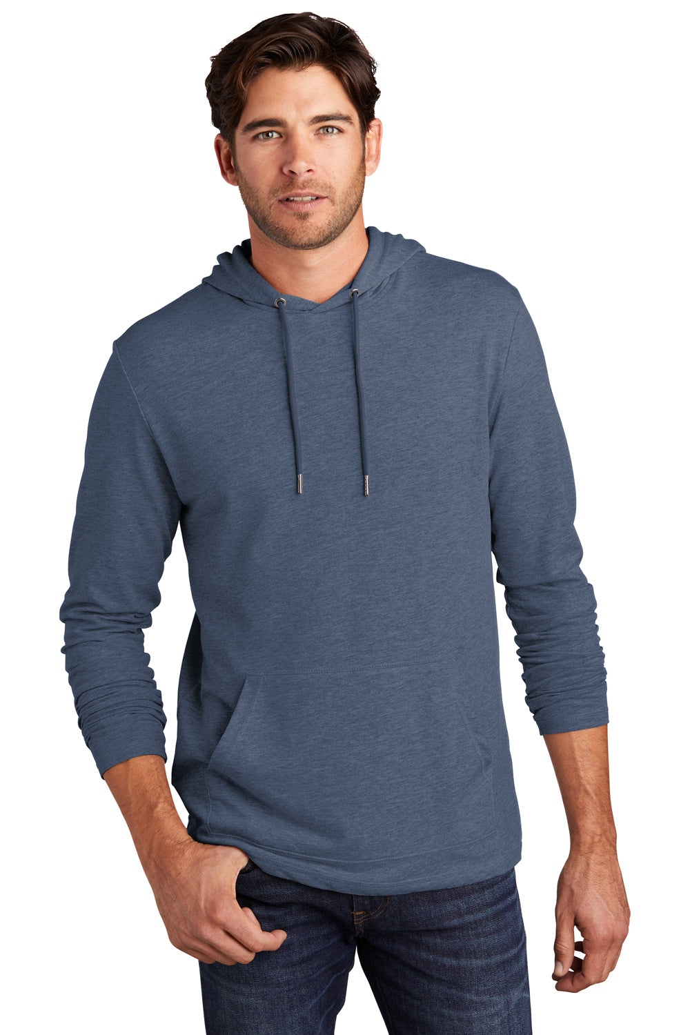 District DT571 Mens French Terry Hooded T-Shirt Hoodie Washed Indigo Blue Model Front