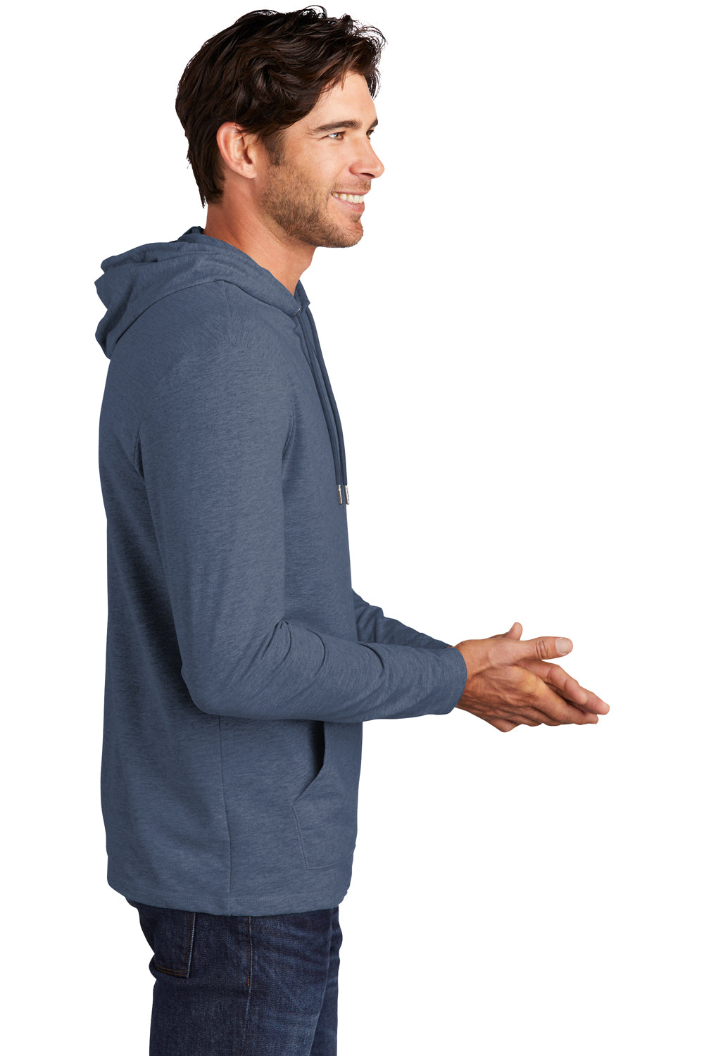 District DT571 Mens French Terry Hooded T-Shirt Hoodie Washed Indigo Blue Model Side