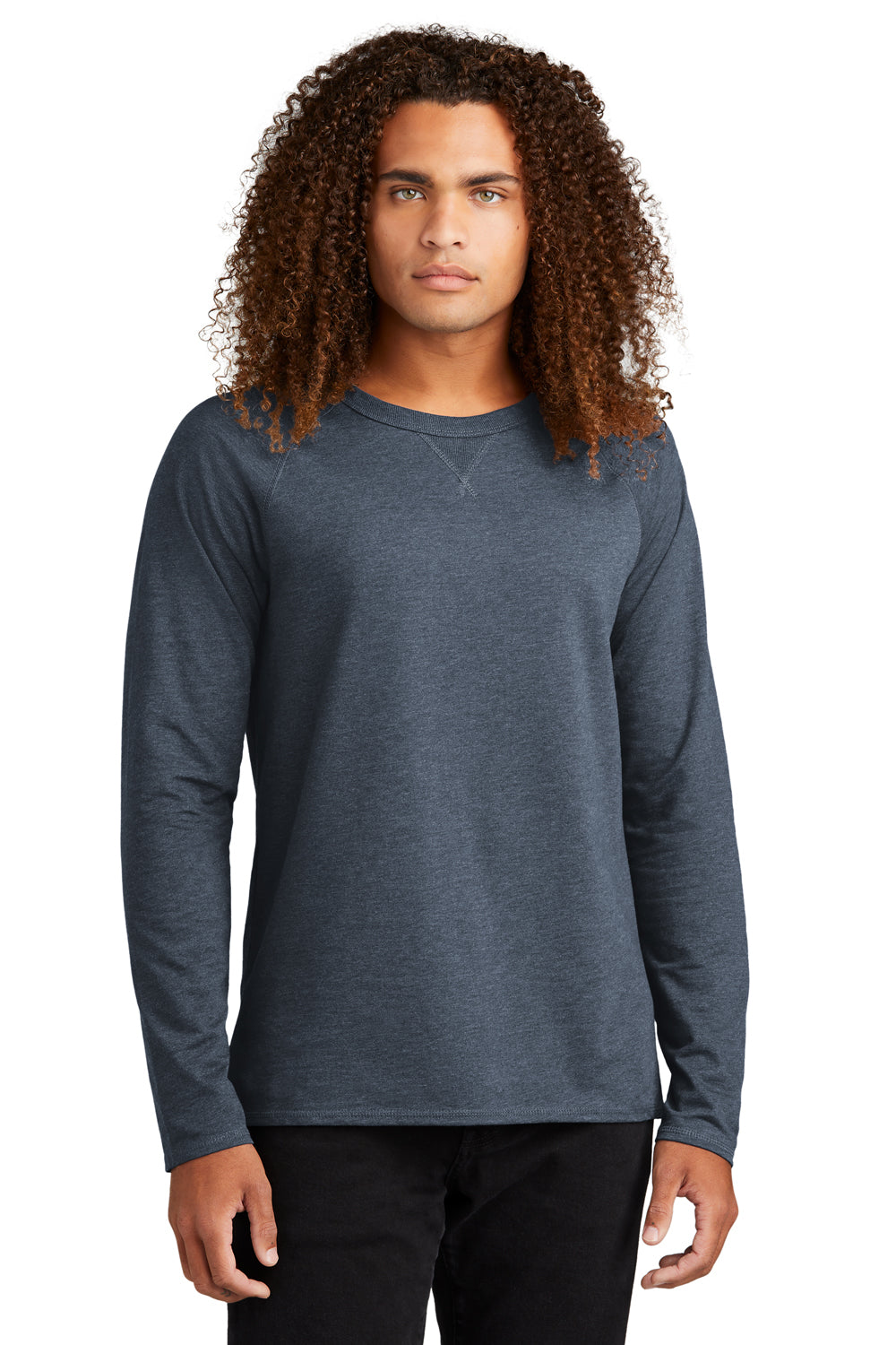 District DT572 Mens French Terry Crewneck Sweatshirt Washed Indigo Blue Model Front