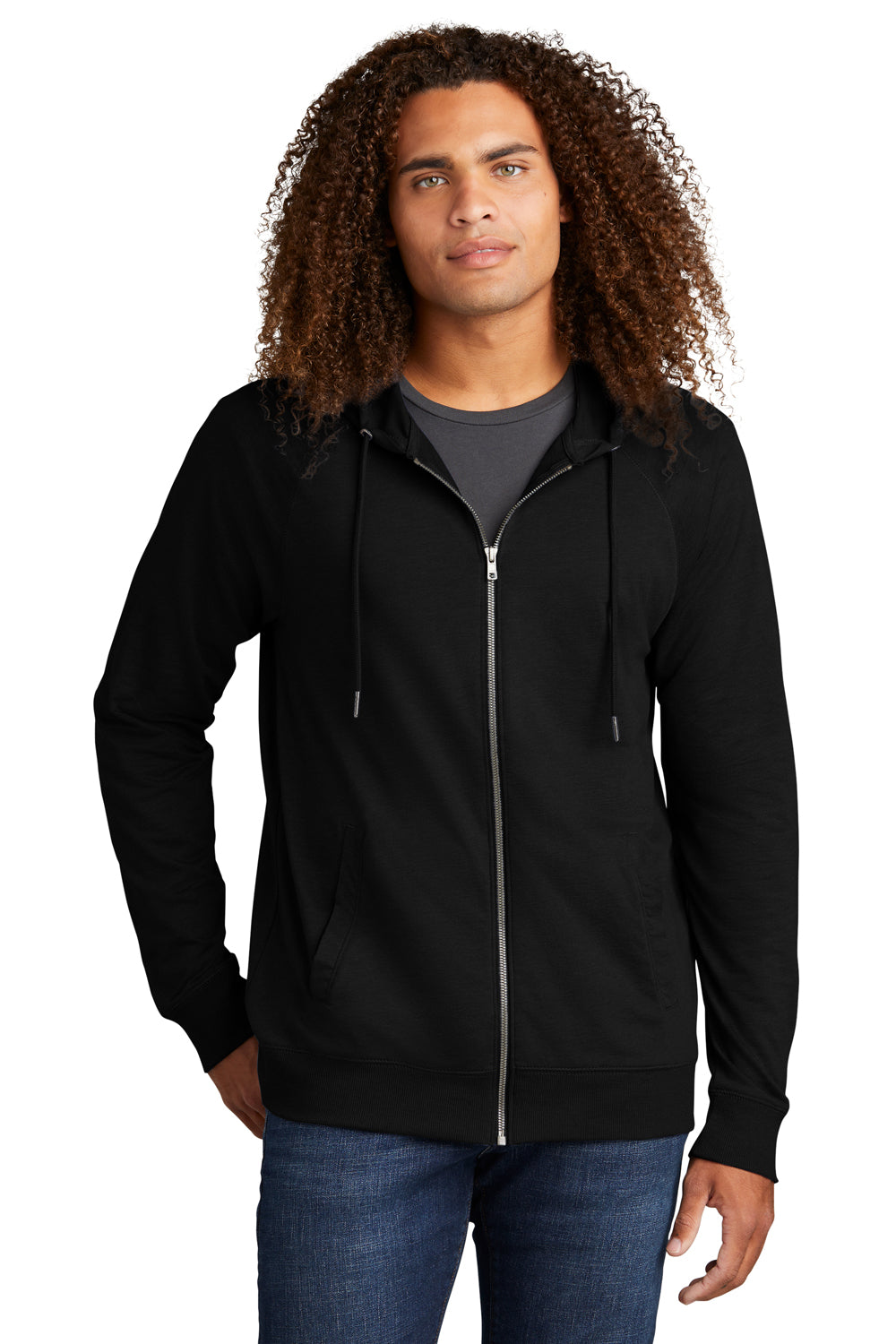 District DT573 Mens French Terry Full Zip Hooded Sweatshirt Hoodie Black Model Front