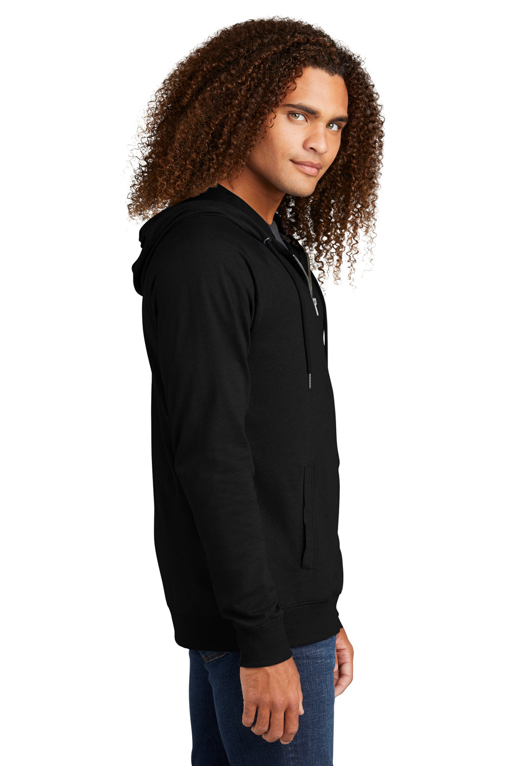 District DT573 Mens French Terry Full Zip Hooded Sweatshirt Hoodie Black Model Side