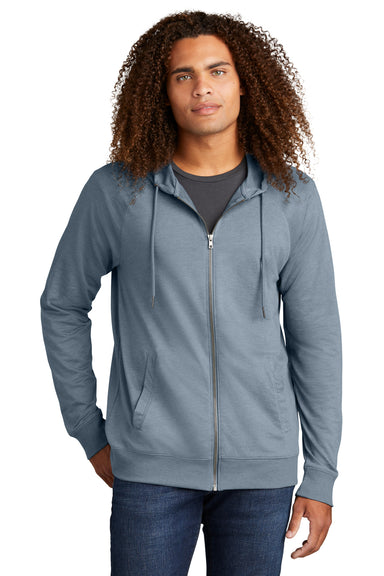 District DT573 Mens French Terry Full Zip Hooded Sweatshirt Hoodie Heather Flint Blue Model Front