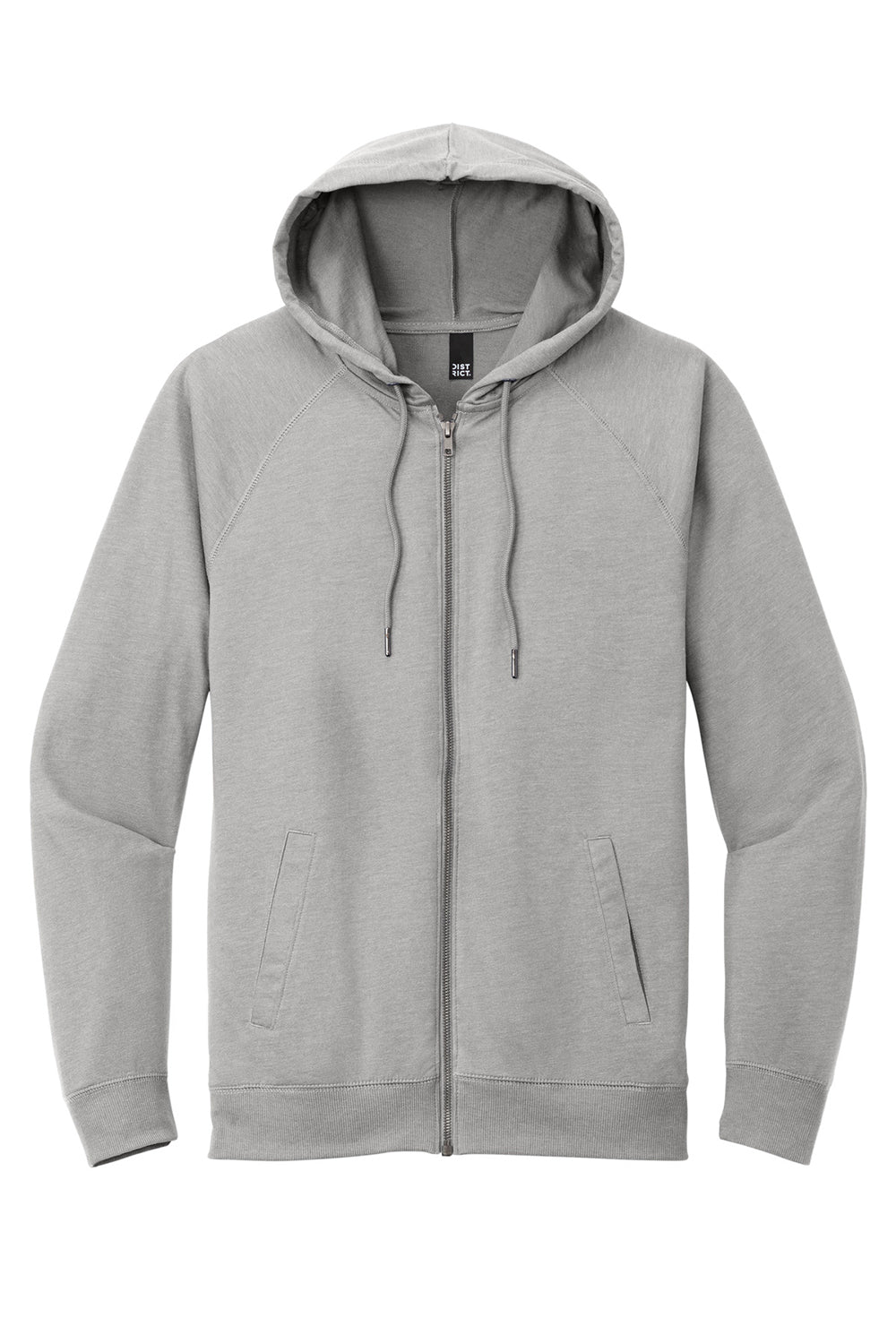 District DT573 Mens French Terry Full Zip Hooded Sweatshirt Hoodie Heather Light Grey Flat Front