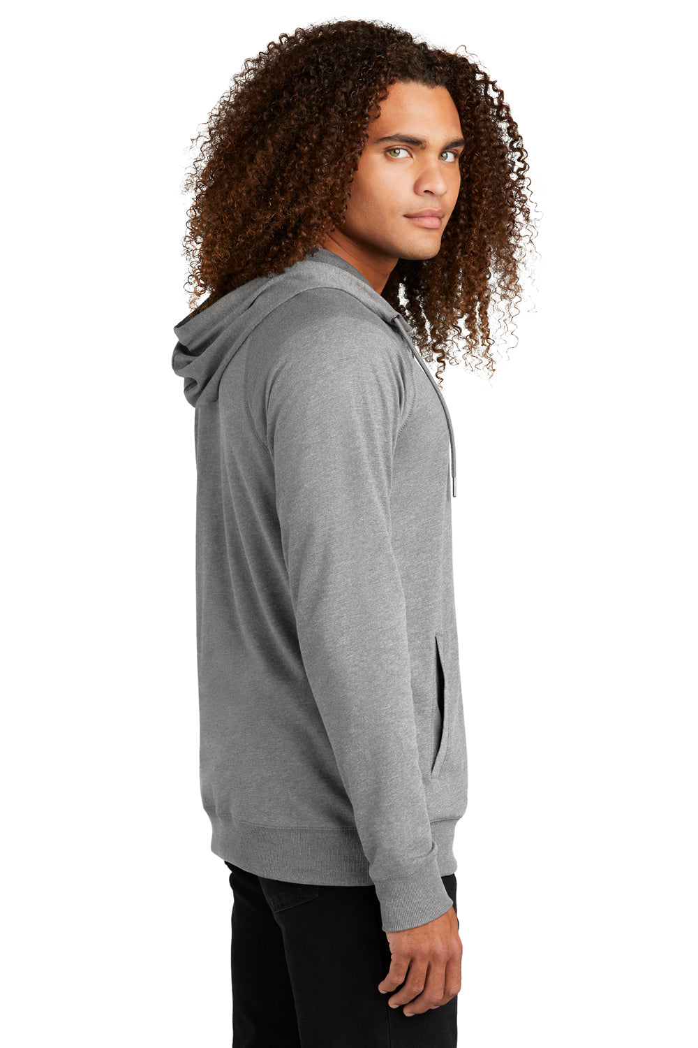 District DT573 Mens French Terry Full Zip Hooded Sweatshirt Hoodie Heather Light Grey Model Side