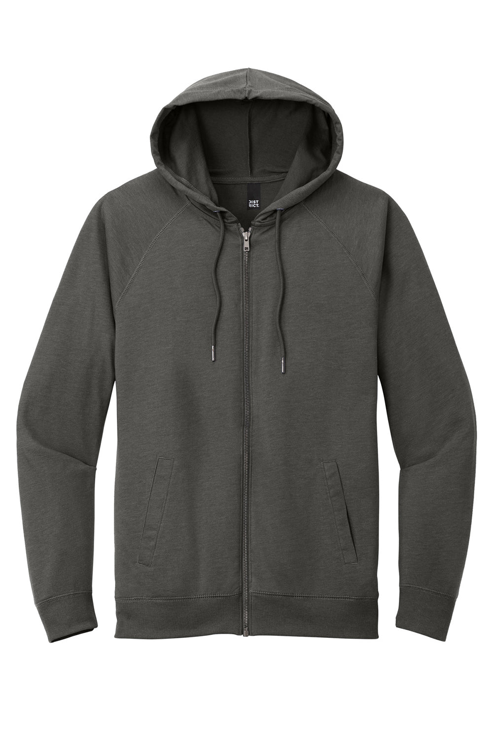 District DT573 Mens French Terry Full Zip Hooded Sweatshirt Hoodie Washed Coal Grey Flat Front