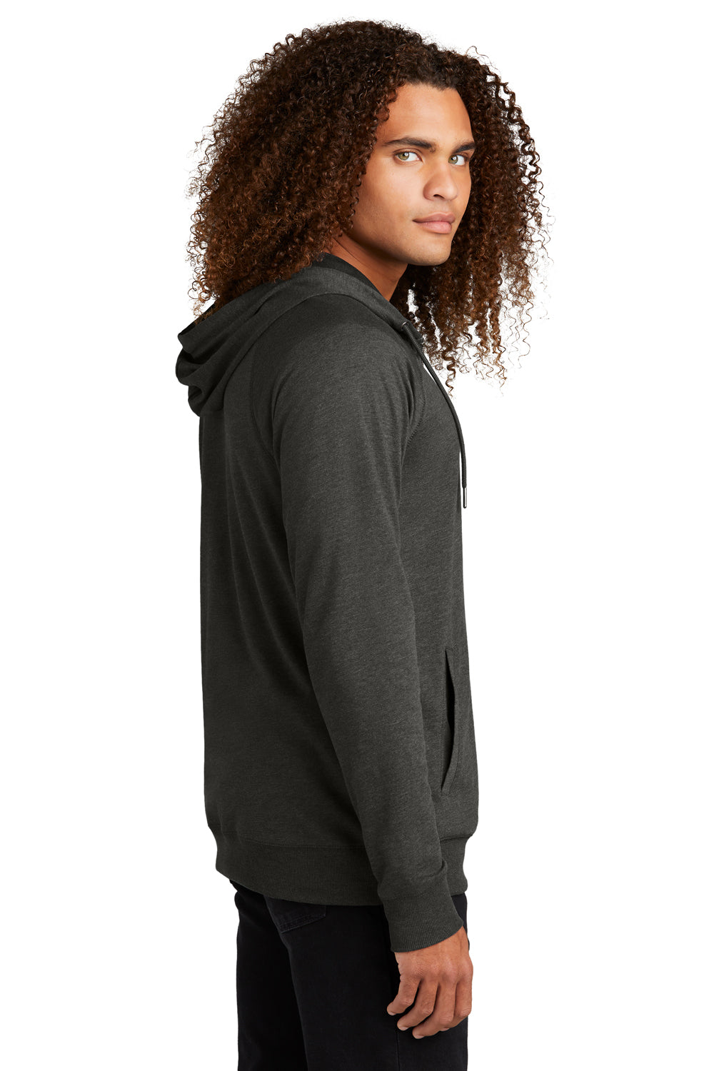 District DT573 Mens French Terry Full Zip Hooded Sweatshirt Hoodie Washed Coal Grey Model Side