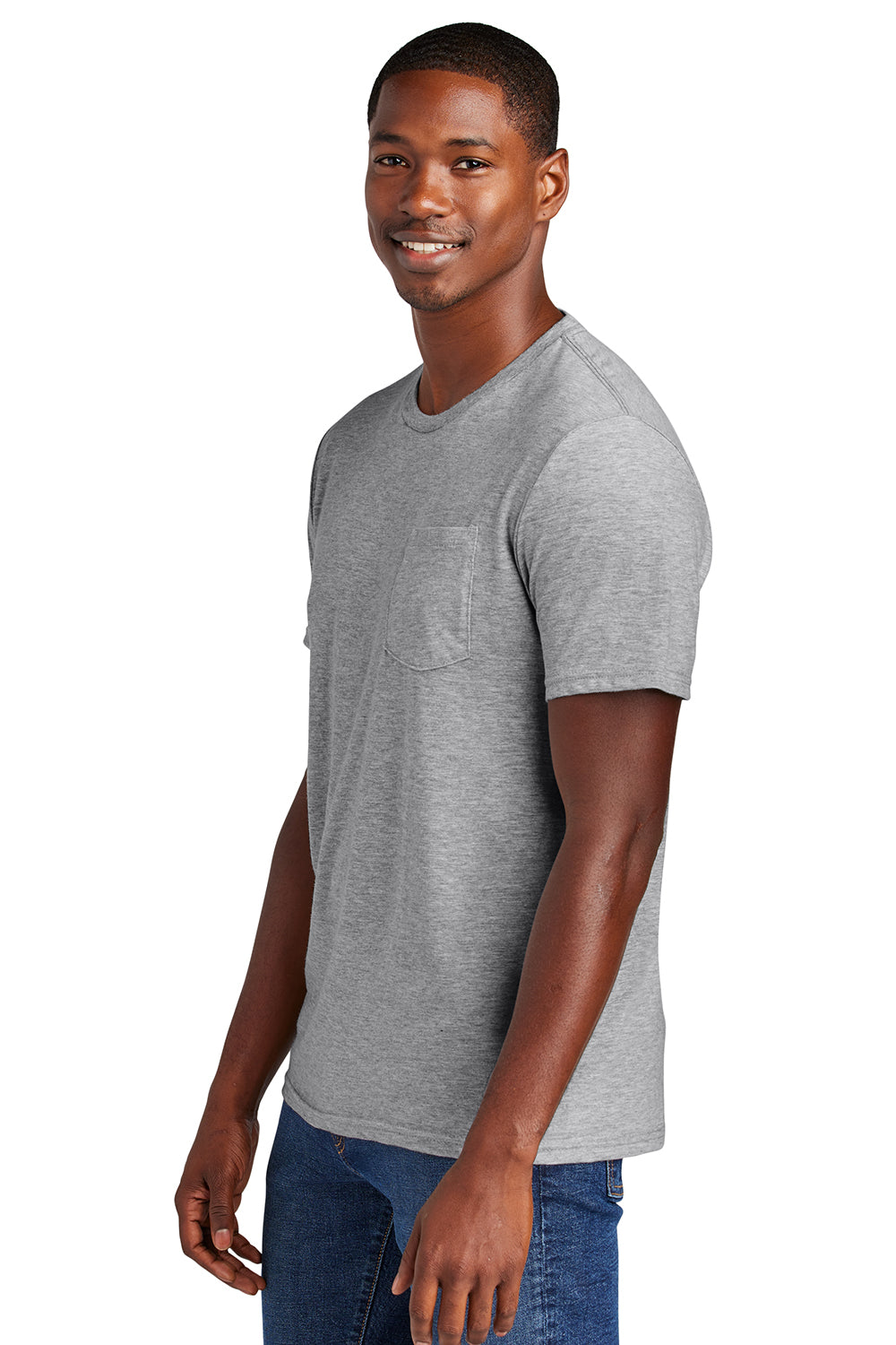 District DT6000P Mens Very Important Short Sleeve Crewneck T-Shirt w/ Pocket Heather Light Grey Model Side